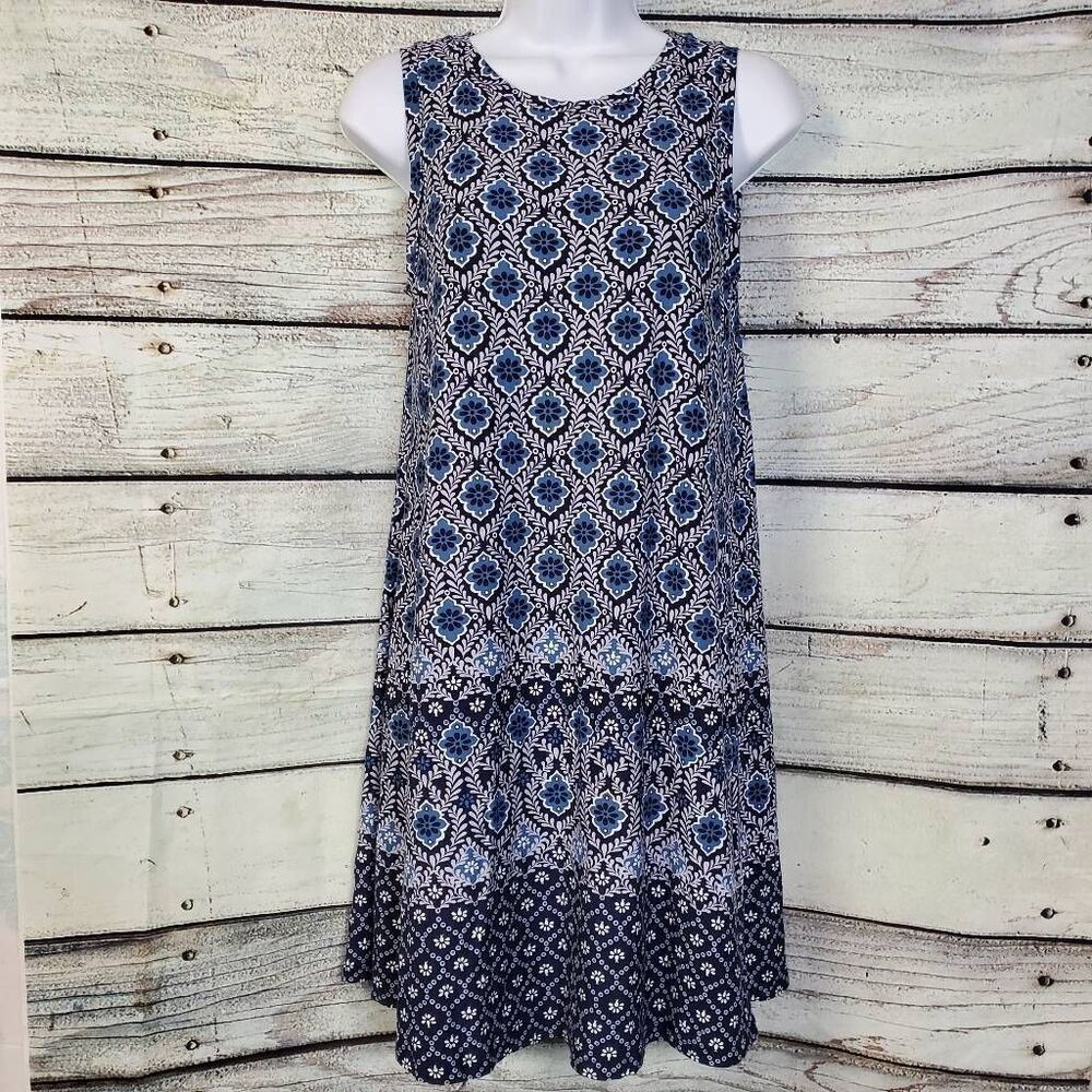 LOFT Women’s Sleeveless Floral Print Dress XS Blue Boho Swing Tank Dress Rayon B